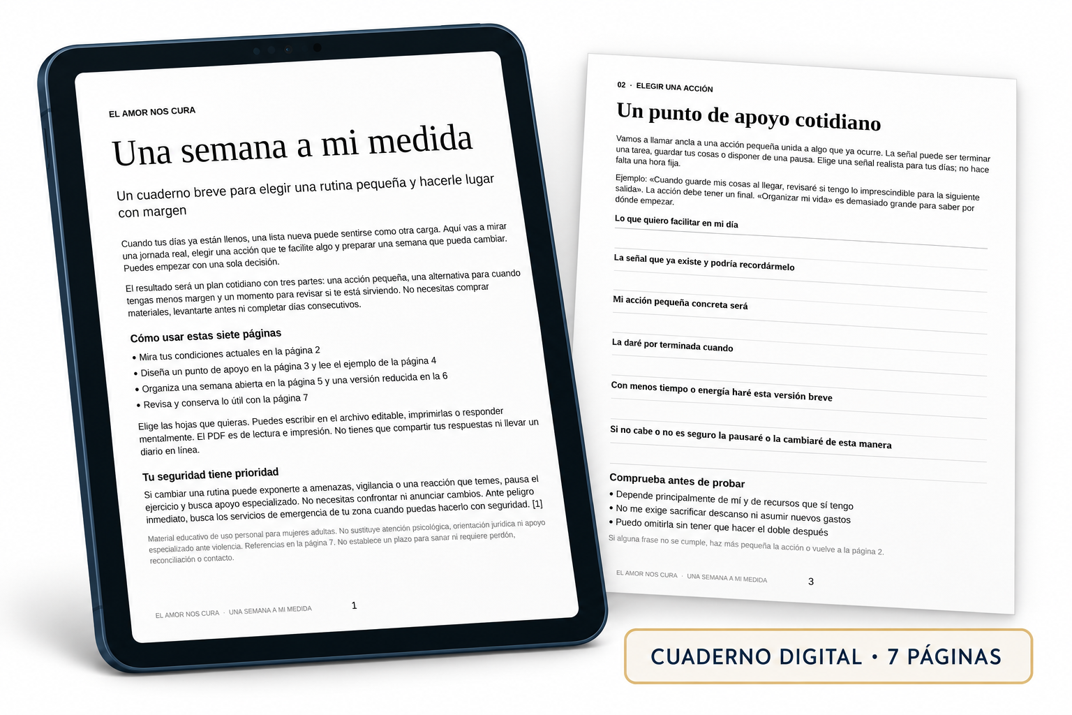 Mockup digital generado del cuaderno Una semana a mi medida, con portada y página 3 reales.
